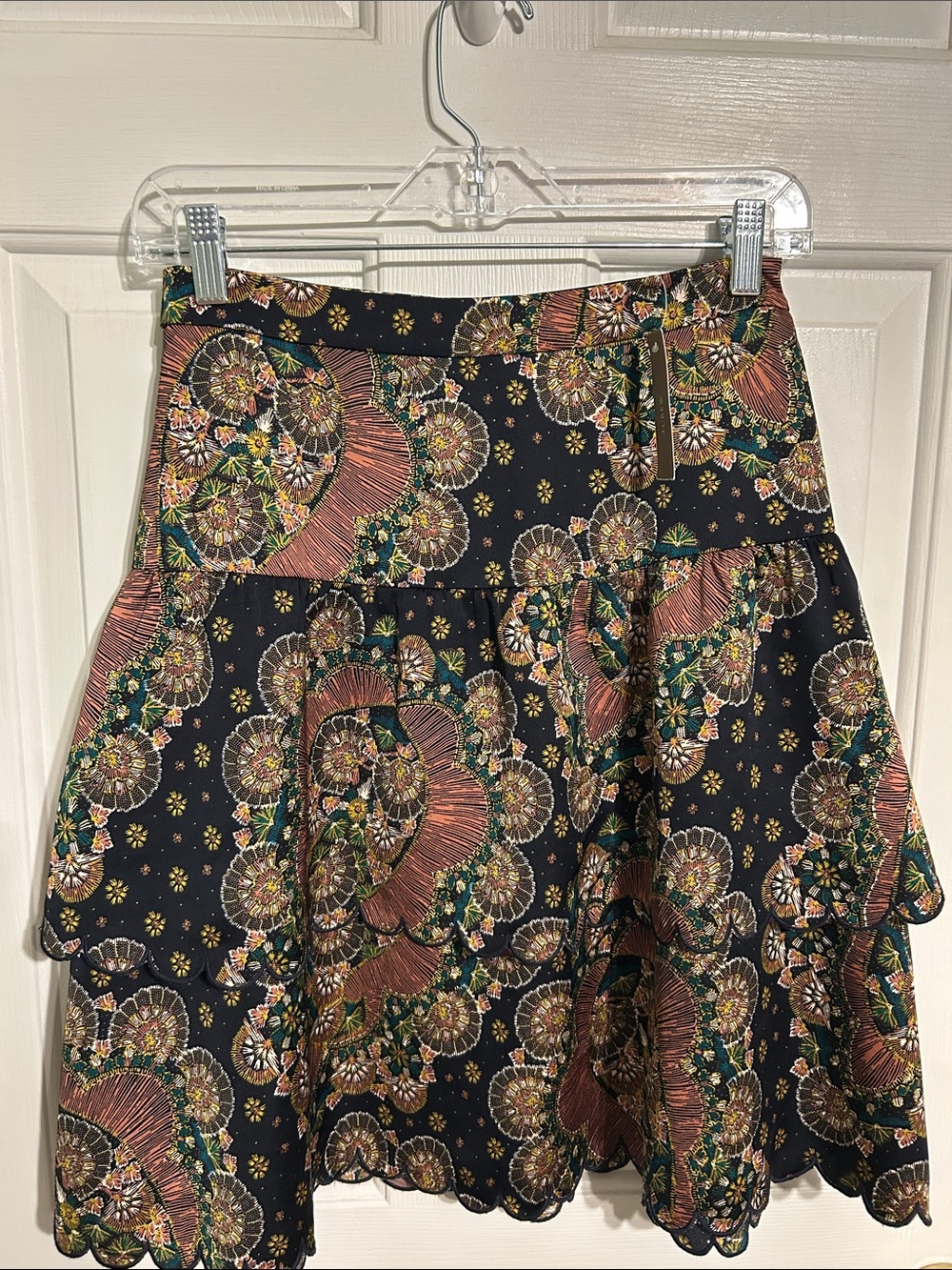 J. Crew Point Sur Tiered Scalloped Hem Paisley Skirt Dark Navy Pink NWT Size 0
